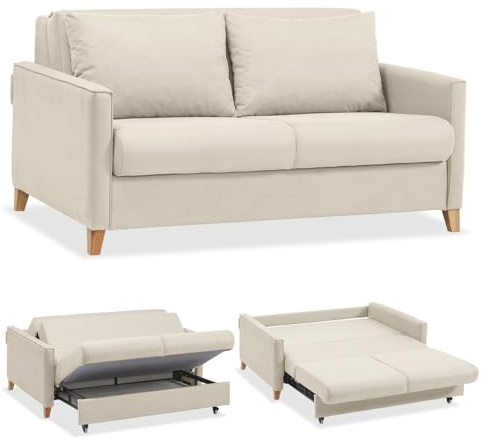 EVERGREENWEB Schlafsofa mit Bettkasten, Umwandelbar 2-Sitzer Couch mit Ausziehbarer Chaise Longue, Schlaffunktion, Beige Stoff Abnehmbare Doppelkissen-Rückenlehne, Faltbare Verstärkte Struktur, CALION