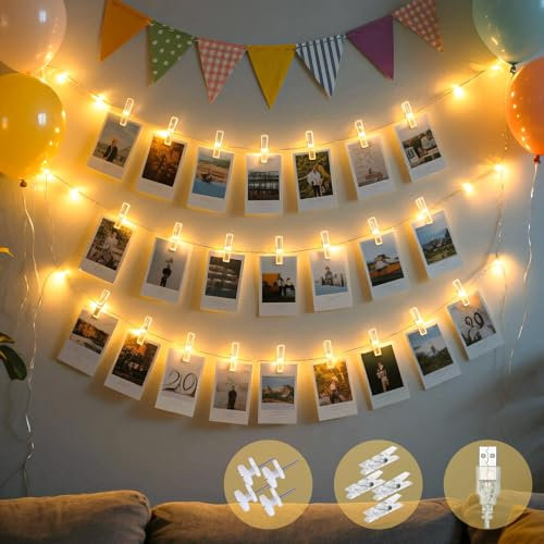 slochi 50LED 5M Photo Clip String Lights, USB Powered Photo Peg Fairy Lights with 30 Clips Indoor, Copper Wire Hanging String Photo Frames Decoration for Bedroom Wedding Party Christmas Decorations