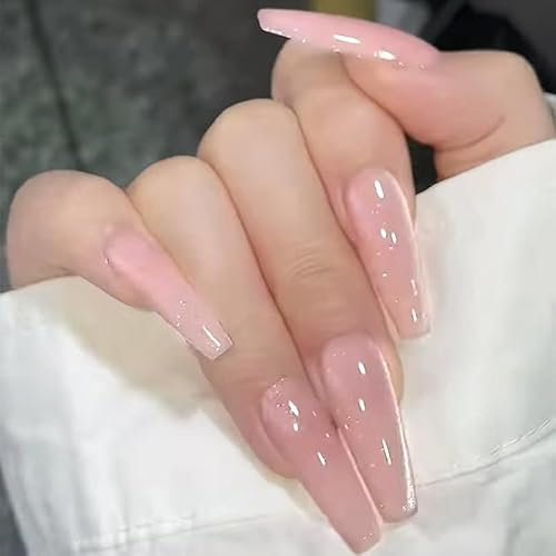 MouyouGlow Press on Nails Lang,Ballerina Einfarbig Nude Baby Rosa Cat Eye Magnetic Fake Nails mit Nagelkleber,Natural Pink Phototherapy Künstliche Fingernägel