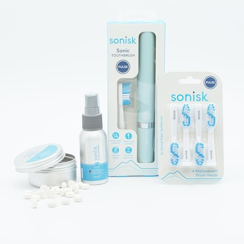 Sonisk Travel Bundle | Pulse Electric Toothbrush, 4 Replacement Heads, Chewable Toothpaste Tablets & Mint Breath Spray | Sonic Technology, Long-Lasting Freshness | Dentist Recommended (Teal)