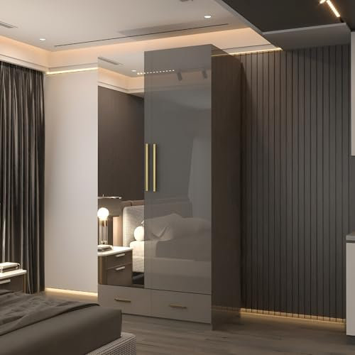 High Gloss & Mirror Hinged Wardrobe with Shelves, Drawer & Hanging Rail (Grey, 90)