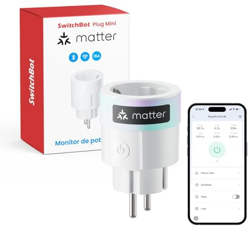 SwitchBot Matter Plug Mini con monitor de energía, control por Wi-Fi y Bluetooth, compatible con Alexa, Google Home, SmartThings y Home Assistant, control por voz y acceso remoto a la aplicación, 16A