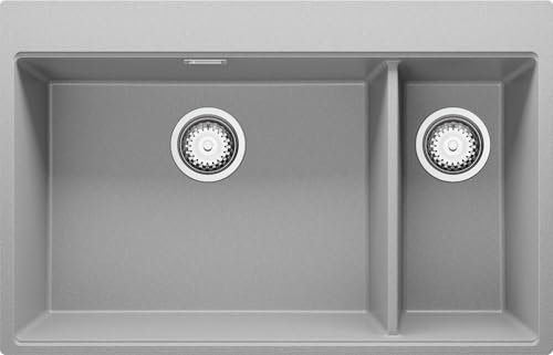 PRIMAGRAN Fregadero Cocina Gris 78x50cm, Granito 2 Senos + Sifón, Sobre encimera al mueble 80cm - Oslo Duo S005