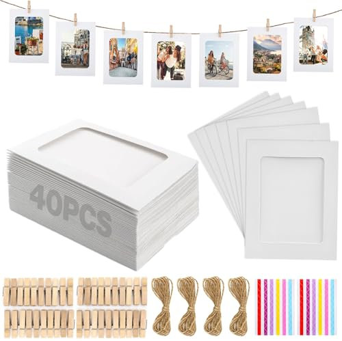 QITIXI:OU 40 Stück Fotogirlande - 10x15 cm Fotoleine mit Klammern, Papier Bilderrahmen mit 40 Stück Holzklammern, DIY Selbstklebende Bilderrahmen 6 Zoll für Geburtstag Hochzeit Party Wand Deko (Weiß)