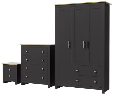 Nera 3 Piece Bedroom Furniture Set 3 Door Wardrobe with Drawer Set Chest of Drawers and Bedside Cabinet Bedroom Storage (Grey on Oak)