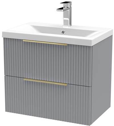 Balterley Vanity Unit with Basin Wall Hung, 2 Drawer Soft Close with Mid Edge Sink and Handles, Bathroom Vanity Units with Basin, Fluted Front Sink Cabinet - 610 x 390 x 540mm (Grey)