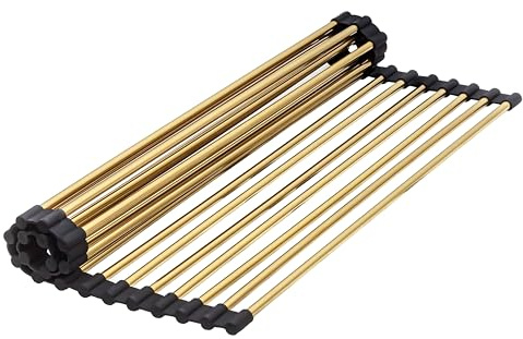 VONIKI Gold Over Sink Dish Drying Rack, 17.7x 11Roll Up Dish Drying Rack | Silicone Wrapped Kitchen Rolling Dish Drainer, Anti-Slip Foldable Sink Rack Mat, Multipurpose Dish Racks For Kitchen Counter