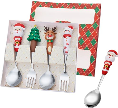 Christmas Cutlery Set 4PCS Spoon and Fork Set Xmas Serving Spoon Xmas Tableware Forks Coffee Ice Cream Dessert Stirring Teaspoons, Gifts for Women Mum, Christmas Cracker Fillers (Silver Red)