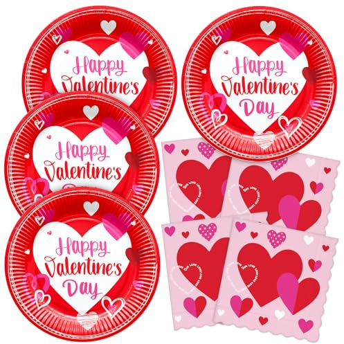 HNH St. Valentin Assiettes et Serviettes en papier jetable Lot de 40 Vaisselle de fête pour 20 personnes