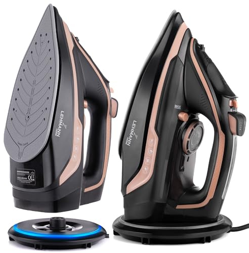 LEHMANN Fer à Repasser sans Fil avec Station de Charge, jusqu'à 3000W & 35 g/min de Vapeur Continue, Réglage Température & 5 Programmes, Semelle Céramique, Repassage Vertical, Noir/Or Rose