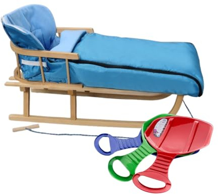 BirnePower Holzschlitten 90cm mit Rückenlehne und Winterfußsack 90cm oder 108cm Komplettset inkl. Zugseil & Gurt, Rodelschlitten aus Buchenholz