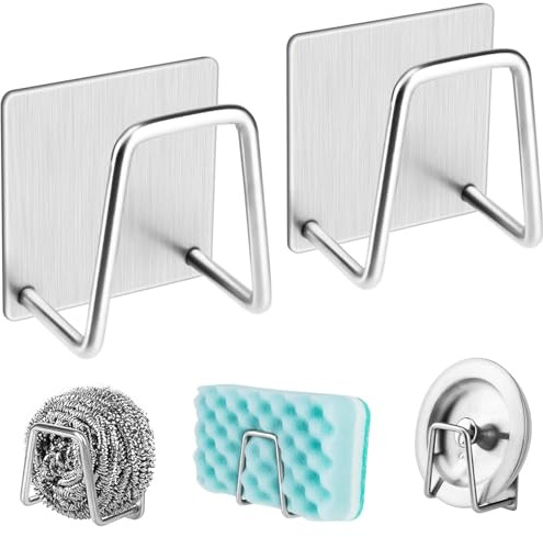 Porta Estropajos Fregadero de Acero Inoxidable (Pack de 2), Soporte Estropajo Fregadero Autoadhesivo Sin Taladro, Organizador Fregadero Cocina Compacto para Esponjas y Accesorios, 45mm Plata