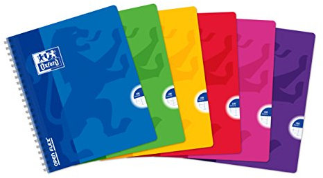 Oxford OpenFlex - Lot de 5 Cahiers à Spirales 17 x 22cm 100 Pages Grands Carreaux Seyès Couverture Polypro Couleurs Assorties