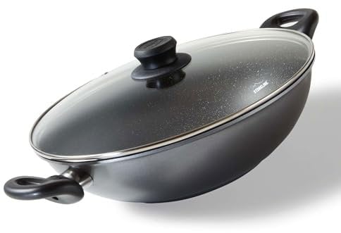 STONELINE Wok 28cm, avec couvercle, fonte d'aluminium, poêle wok revêtue de vraies particules de pierre, gris, cuire et rôtir sans graisse ou huile, grand wok induction