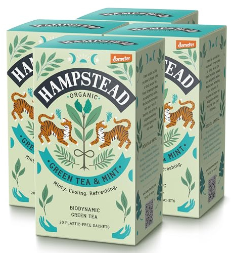 Hampstead Organic & Biodynamic Green Tea with Mint Bags (4 x 20) | Refreshing Green Infusion, Plastic-Free & Compostable