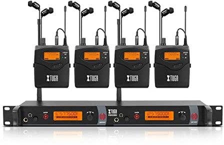 XTUGA Wireless in Ear Monitor System 2 Channel 4 Bodypack, Whole Metal Monitoring System with In-Ear Headphone, Wireless Type Used for Stage or Studio (RW2080)