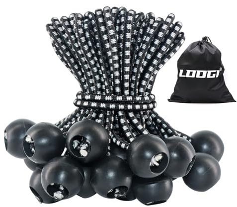 LOOGI Bungee Cord with Balls, 25Pcs 4 Inch Black Bungee Ball Cords, Heavy Duty Tarp Bungees Ties Elastic Tie Down Straps for Tarpaulin Tent Camping Pavilions Flag Marquee