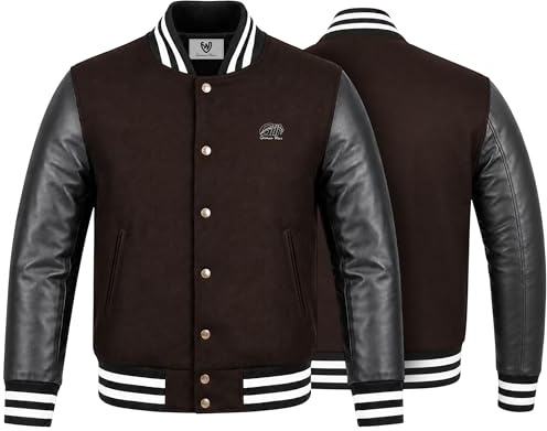 German Wear Collegejacke Herren Varsity Jacke mit Lederärmeln aus Lammnappa Wollmix Blouson Retro Design Elastischer Bund für Herbst und Winter