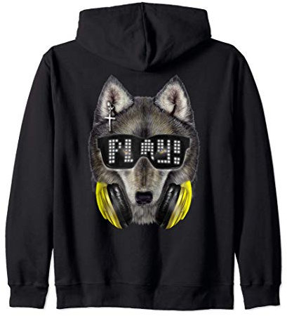 Grauer Wolf, die Hipster-Sonnenbrille und Kopfhörer trägt Kapuzenjacke