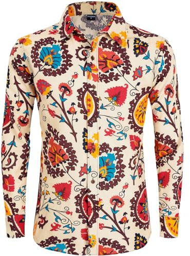 COSAVOROCK Herren Hippie 70er Jahre Hemd Blumen Hawai Langarm Hemden Freizeitshemd