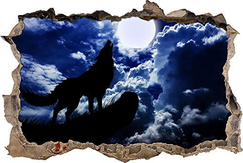 3D Wandtattoo Mauerloch Wandsticker Wandaufkleber Durchbruch Wolf den Mond selbstklebend Schlafzimmer Wohnzimmer 70x110cm