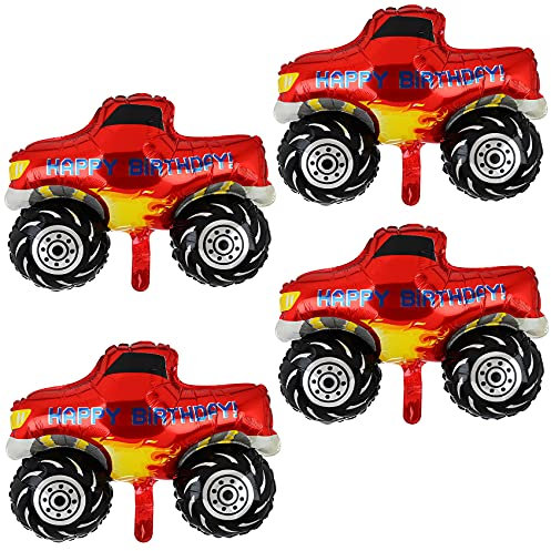 4 Stück Riesen Rot Monster Truck Party Luftballons Groß Aluminium Ballon Auto Helium Folienballons Jungen KinderGeburtstag Party Deko Liefert Rennwagen