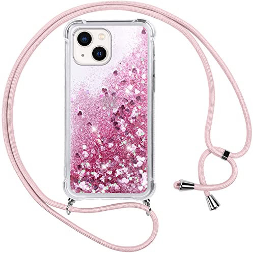 Vauki Coque iPhone 13 avec Cordon,Paillette Liquide Transparent Crystal Glitter Housse,Protection Antichoc Silicone Souple TPU Bumper Case,Réglable Collier pour iPhone 13,Rose