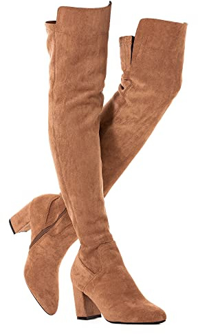 Mtzyoa Damen Overknee-Stiefel, Wildleder, oberschenkelhoch, niedriger Blockabsatz, Stretch, OTK, Gehkomfort, Braun/7,6 cm Absatz, 40 EU