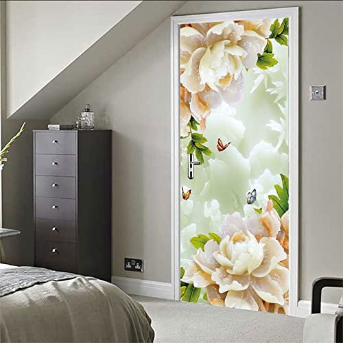 Stickers Porte 3D Trompe L'Oeil Mural - Fleur De Pivoine Papillon Autocollant De Porte Papier Peint 77X200cm Maison Salon Chambre Décoration Salle De Bain Cuisine Poster De Porte Sticker