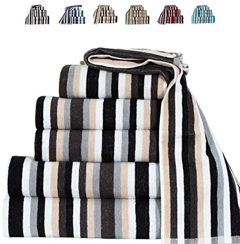 TheWhiteWater – 9-Piece 100% Natural Cotton Towel Bale Set – Black Striped Hand Towels, Bath Towels & Bath Sheets – Soft, Quick Dry, 550 GSM, 6 Thread Combed Cotton – Bathroom, Gym, Beach Use