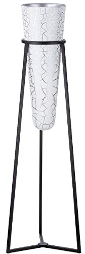 Gilde Vase XXL avec Support métallique - Vase en Verre Blanc avec craquelures argentées - Support métallique Noir - Hauteur Totale 102 cm