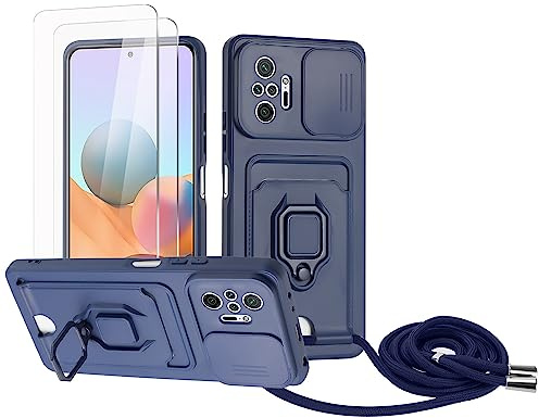 Zallagre Cordon de Coque Compatible avec Redmi Note 10 Pro,[2 Pièces] Verre Trempé,Lentille Coulissante Couverture,360 Degrés Bague Rotatif Support,Fentes pour Cartes-Bleu Marine