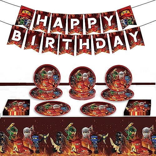 DAGORD Ninja Birthday Decorations, Game Party Tableware Include Birthday Banner, Tablecloth, 20 Plates and 20 Napkins for Kids Adults Party Decorations