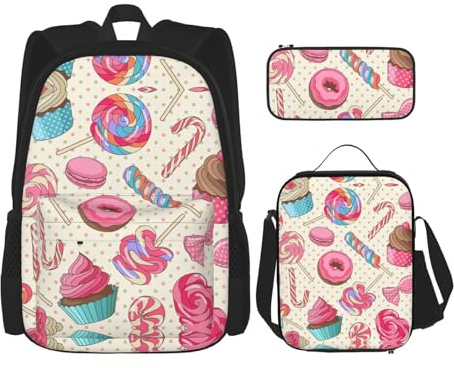 NEZIH 3-in-1 Büchertaschen-Set mit süßem Lollipop-Cupcake-Druck, verstellbarer Schulter-Rucksack, Lunch-Tasche, Federmäppchen, Beutelbox