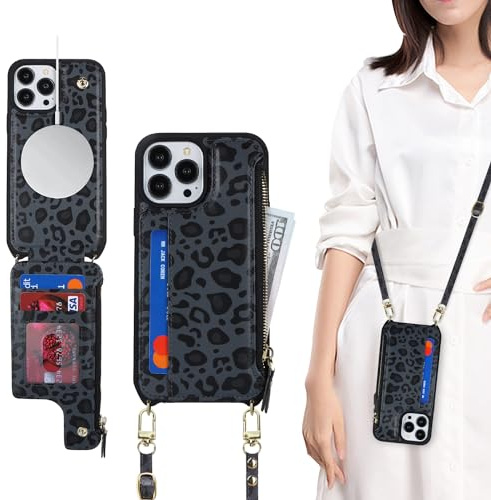 SailorTech for iPhone 11 Pro Max Case with Credit Card Holder magsafe, iPhone 11 Pro Max Phone Leather Case Wallet for Men Crossbody with mag safe Zipper Shockproof Case for Women - Black Leopard