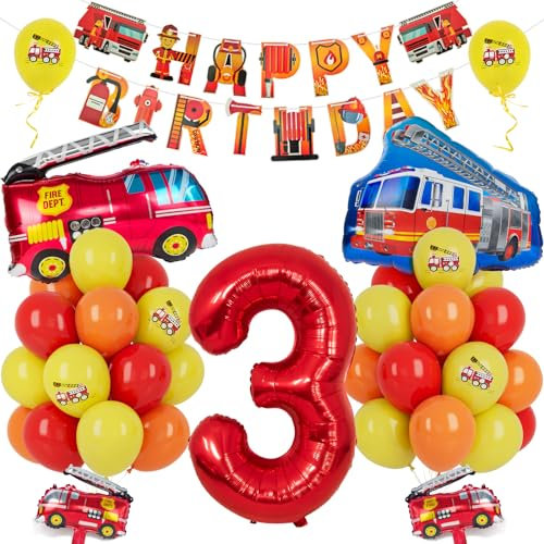 Feuerwehrauto 3 Geburtstag Luftballon, 37 Stück Feuerwehr Luftballon Deko mit Banner, Zahl 3 Ballon mit Feuerwehrauto Ballon, Feuerwehrmann Dekoration für Jungen Mädchen Kinderparty Geburtstags Party