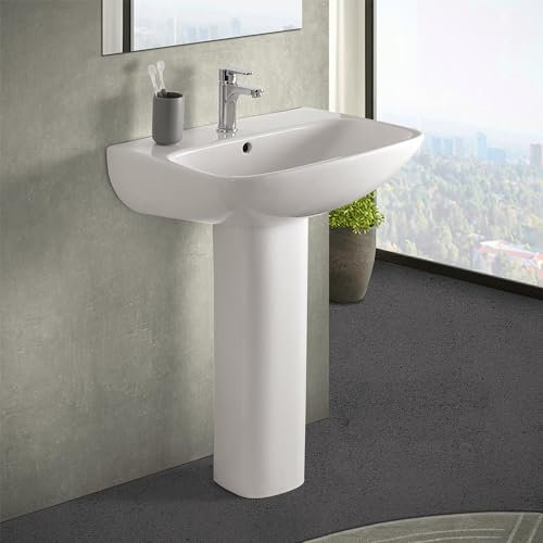 Lavabo con colonna 60 cm in ceramica bianco lucido con foro per miscelatore e troppopieno, profondità vasca 56 cm, serie GINEVRA