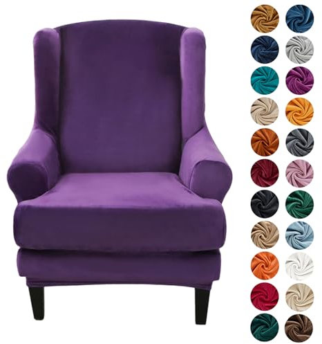 Hixingo 2-Teilig Ohrensessel Überzug, Samt Einfarbig Sesselbezüge, Abnehmbar Polyester Ohrensessel Bezug, für Wohnzimmer Hotel Clubhaus Sesselschoner (Violett)