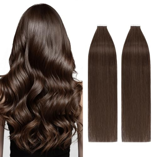 Silk-co Tape Extensions Echthaar 40stk, Remy Tape in Extensions Haarverlängerung, Skin Weft Echthaar Haarextensions Tape Kleber 100g, 55cm Schokoladenbraun