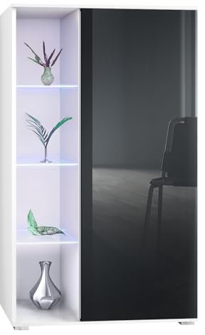 Vladon Vitrine Davos, Made in Germany, Standvitrine mit 3 Glasböden und 8 Fächer inkl. LED, Weiß matt/Schwarz Hochglanz (71,5 x 134 x 35 cm)