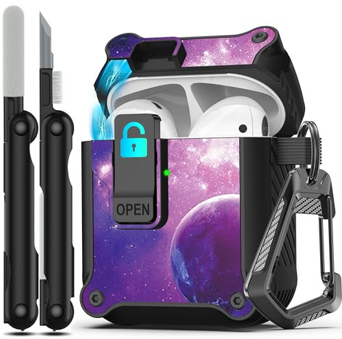 RFUNGUANGO Kompatibel mit Airpods 2 Hülle, automatisches Pop-up mit Sicherheitsverschluss-Clip, stoßfeste Ganzkörper-Hartschale mit Schlüsselanhänger,Starry Sky