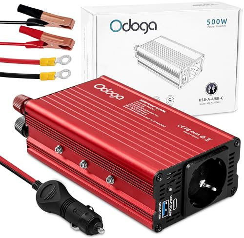 Odoga Wechselrichter 12V auf 230V – 500W Spannungswandler, Stromwandler mit 3A USB-A & USB-C Anschlüsse, Inverter 12V 220V, Auto Steckdose – Laden Sie Ihr Laptop, iPad, iPhone, Tablet Und Mehr