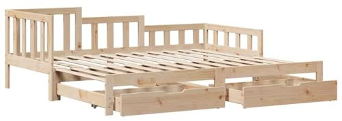 vidaXL Tagesbett, Bettsofa Ausziehbar mit Schubladen, Gästebett ohne Matratze mit Lattenrost, Ausziehbett Schlafsofa, 90x200cm Massivholz Kiefer