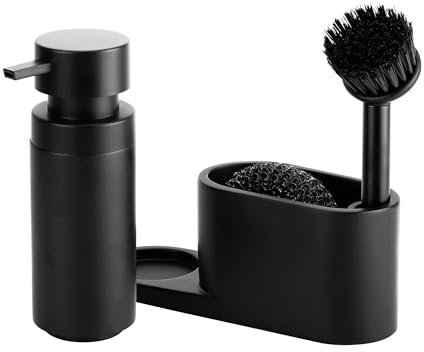 Black Sweden Home Organizador Fregadero Cocina - Dispensador Jabón Cocina Negro con Dosificador - Accesorios Cocina Elegante - Dispensador de Jabon Cocina y Estropajo Para Cocina Organizada
