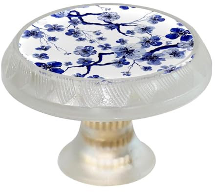 RODAILYCAY 4 Packs Blue Floral Chinese Ink Paint Plum Kitchen Cabinet Knobs for Dresser Drawers, Cabinet Hardware, Crystal Glass Cabinet Handles, Round Shape Drawer Door Pulls Handles