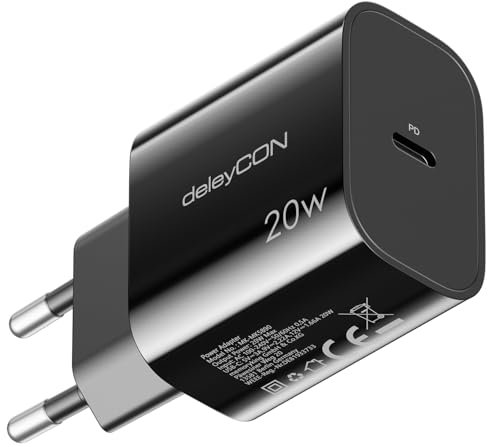 deleyCON Cargador USB C (Cargador Rápido) Adaptador de Corriente USB-C para iPhone 16, 15, Pro, Pro MAX, iPad, AirPods 4, Airpods MAX, Watch, S25/S24/S23, Pixel, Teléfono Móvil, PD 3.0 - Negro