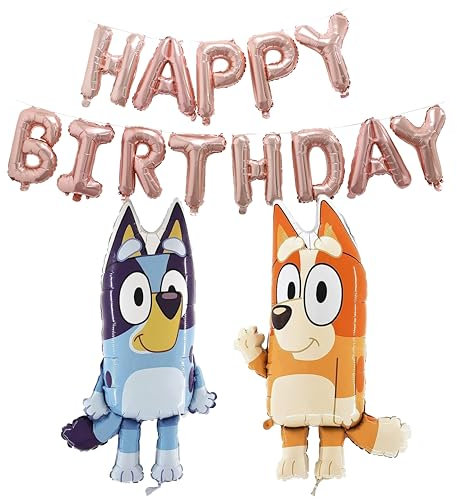 Toyland® Bluey & Bingo Foil Balloon Pack - 2 x 80cm (32) Globos de personajes y 1 x 16 Banner de globos de feliz cumpleaños dorado rosa - Decoraciones para fiestas infantiles