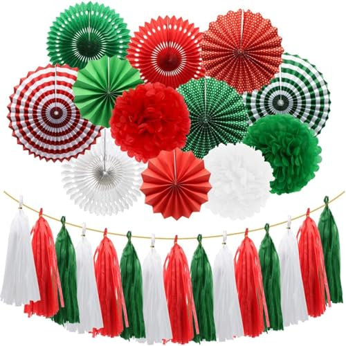 Christmas Hanging Decorations - Red, Green, White Paper Fans, Pom Poms, Flowers & Tissue Tassel Garland