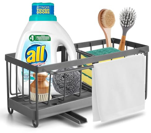 TOKPLNU Kitchen Caddy Sink Organiser Grey with Removable Drip Tray,Partitions&Dishcloth Hanger,Metal Sponge Holder for Kitchen Storage Rack,Sink Tidy Washing Up Organiser for Countertop Use,Grey