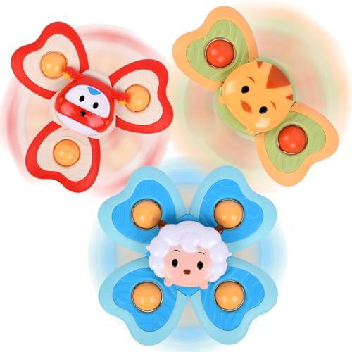 Ainiv Juguete Giratorio con Ventosa Bebe, 3Pz Spinner Bebe Ventosa, Interesante Juguetes Bañera Bebe, Spinner Juguetes Baño Sensoriales para Bebés Niños de 1 a 3 Años(Oveja, Coche, Pollo)